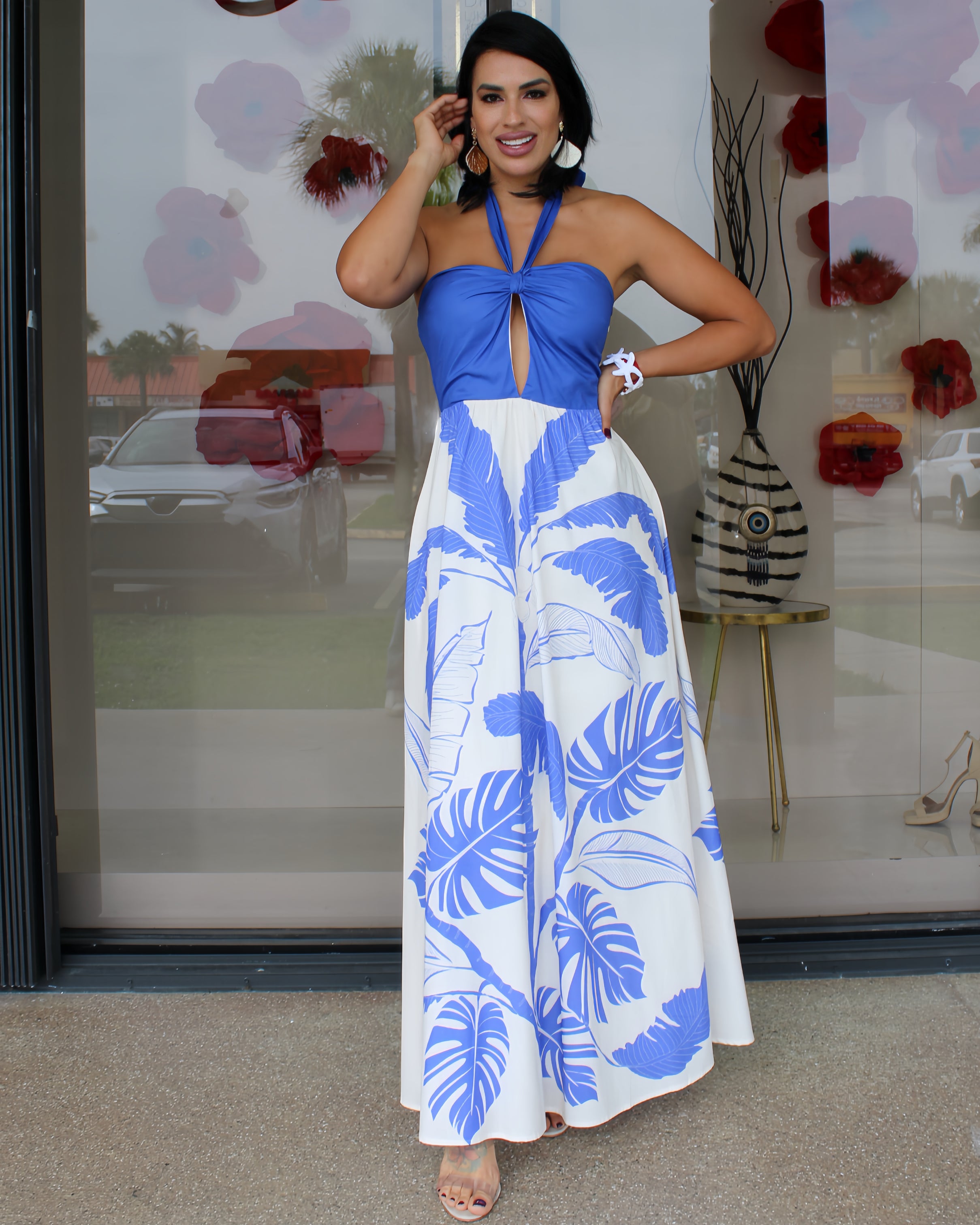 Bold Palms Blue Maxi Dress 100 Percent Cotton – La Epoca Fashion Boutique
