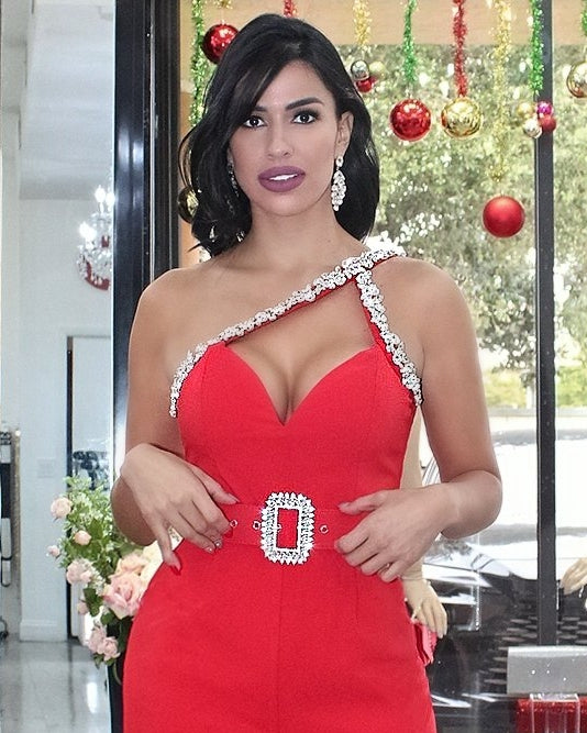 All It Takes Rhinestone Embellished Fancy  Jumpsuit Red