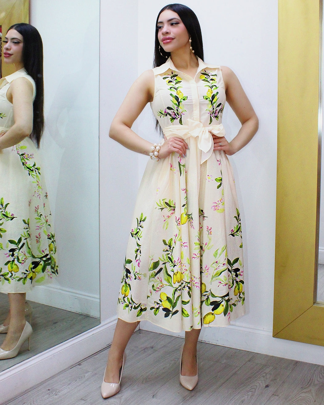 Lemon Pattern Midi Dress 100 Percent Chiffon Small