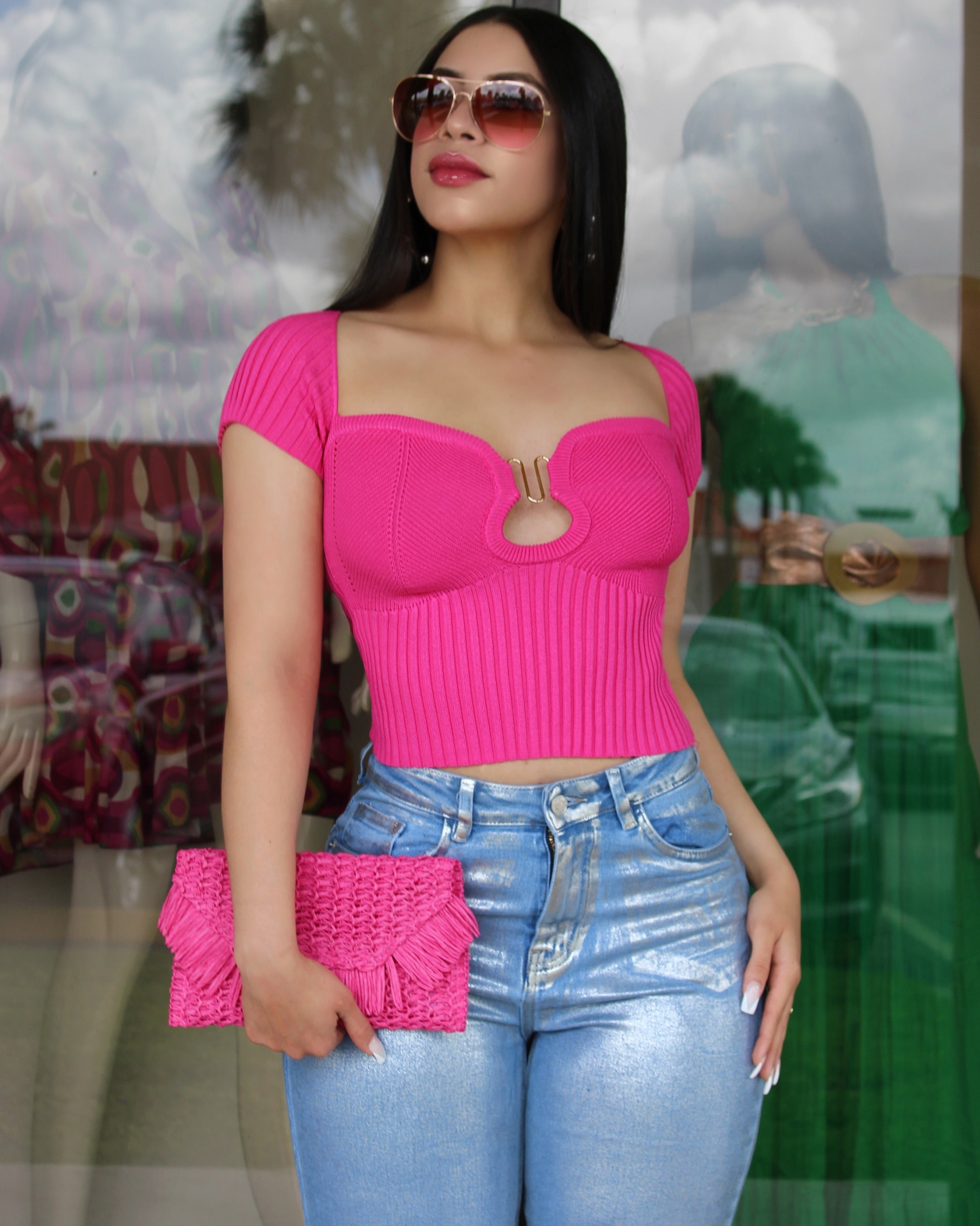 Cause It’s Cute ShortSleeve Knit Crop Top Hot Pink
