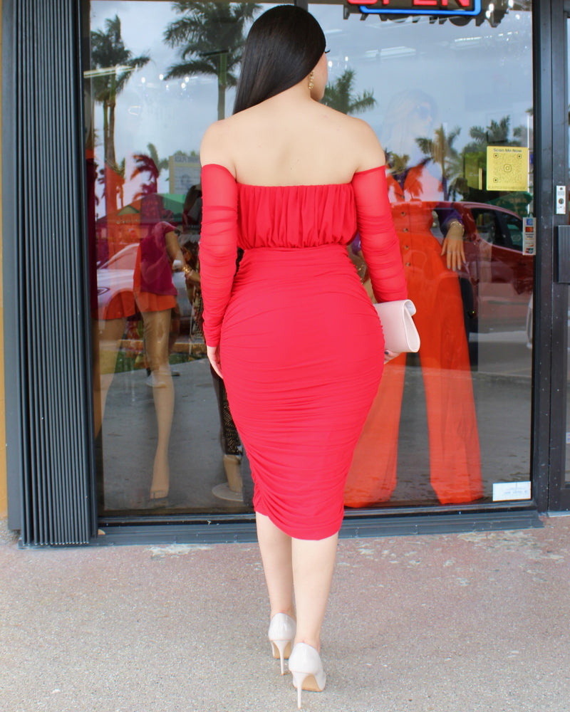 Born To Rock This Mesh Sleeve Midi Dress Red