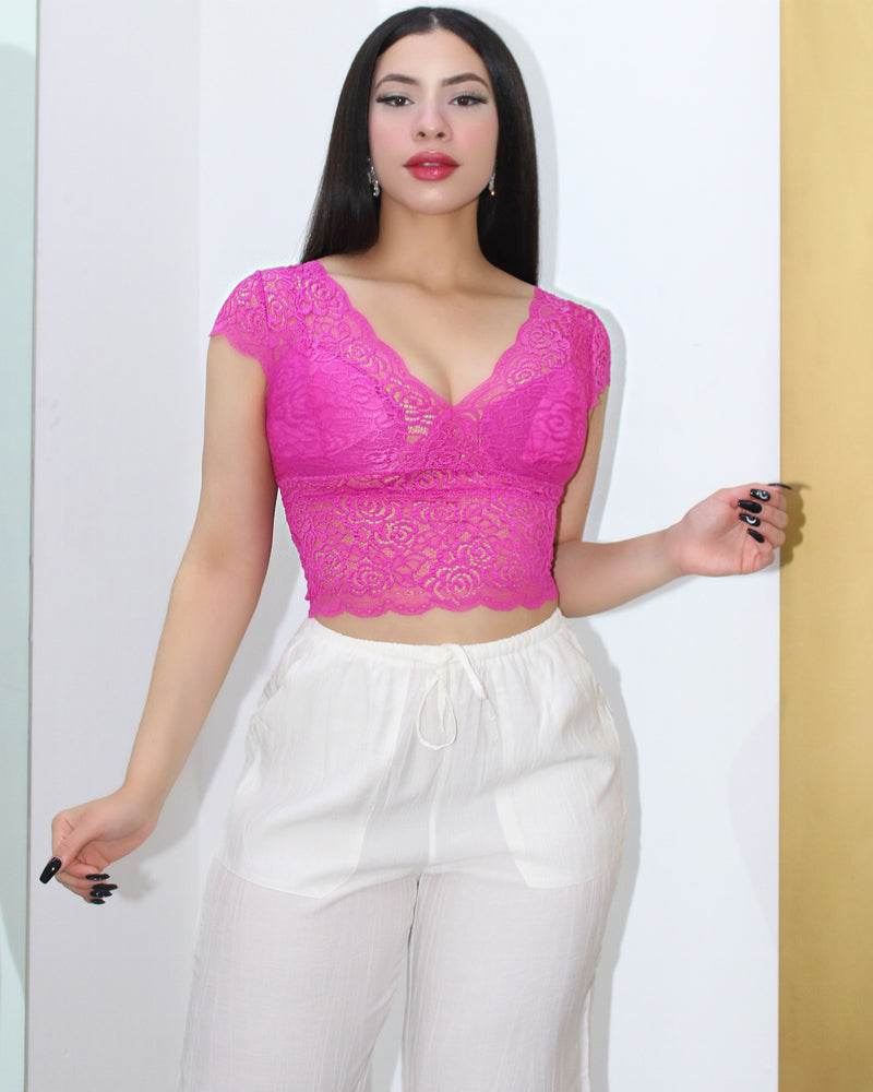 Flirting With You Lace V-neck Crop Top Hot Pink