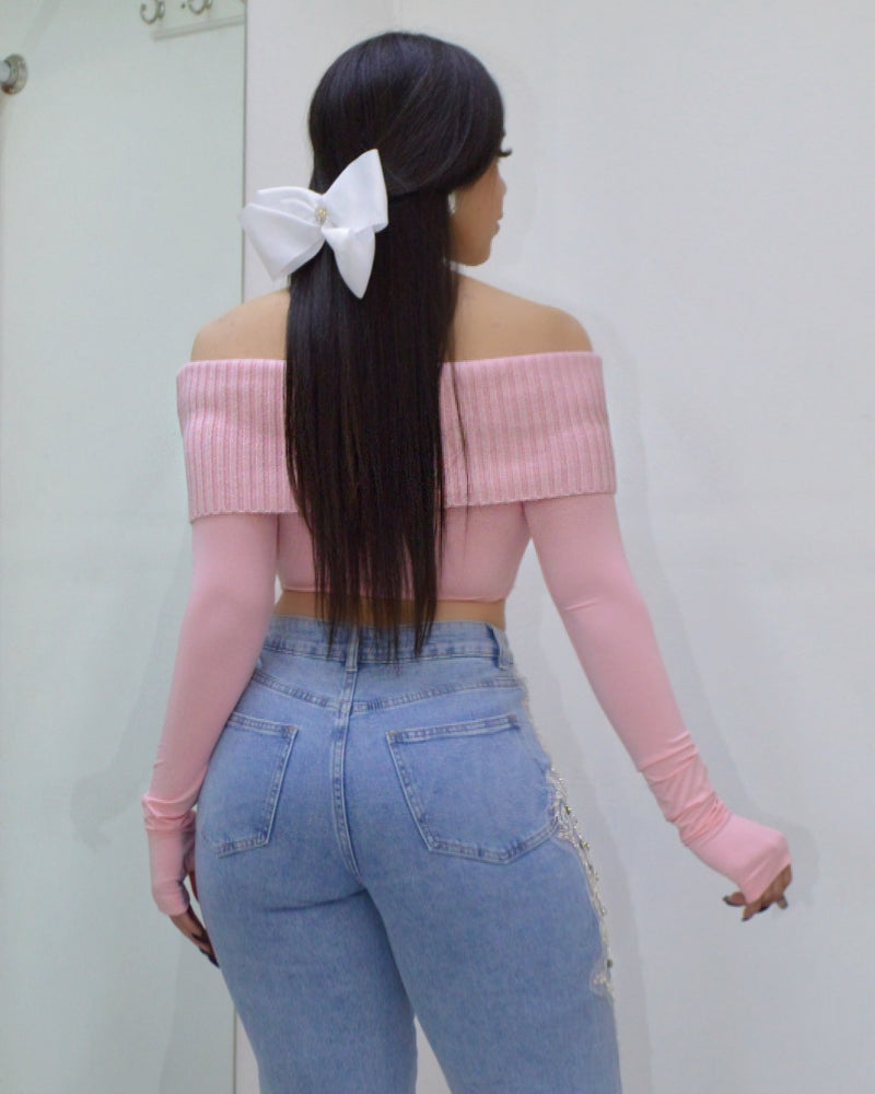 Glow Again Off The Shoulders Crop Sweater Pink