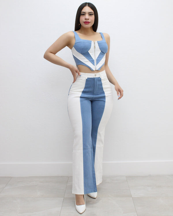 Steal The Show Corset 2 Piece Pant Set Denim and White