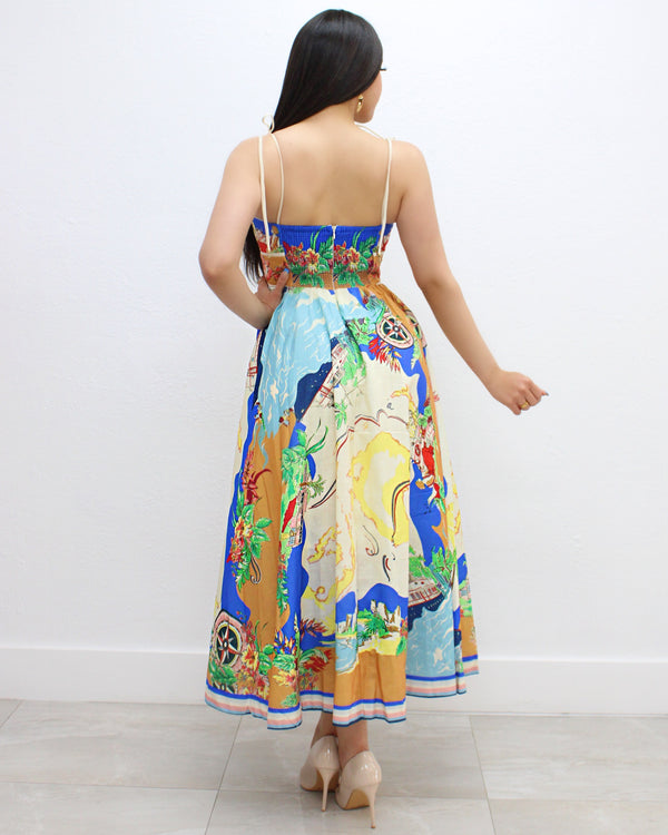 Travel Away From Home Princess Cut Midi Dress Multicolor