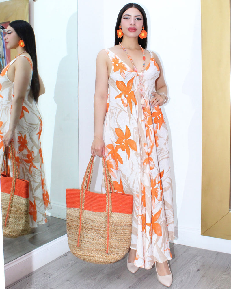 Going Somewhere Rayon Maxi Dress Beige Orange