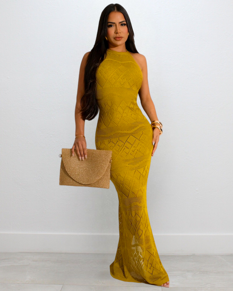 Will See You Monday Crochet Maxi Dress Mustard