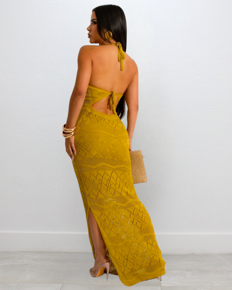 Will See You Monday Crochet Maxi Dress Mustard