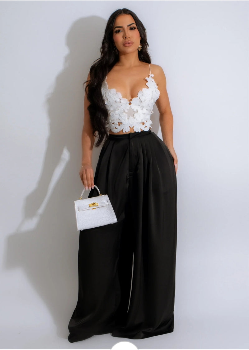 Di Amore Lace Mesh Silk  2 Piece Pant Set Black and White