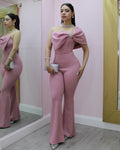 Best Of Me Bow Embellished Jumpsuit Pink Polyester Stretch Comfortable Flattering Fit For Women
