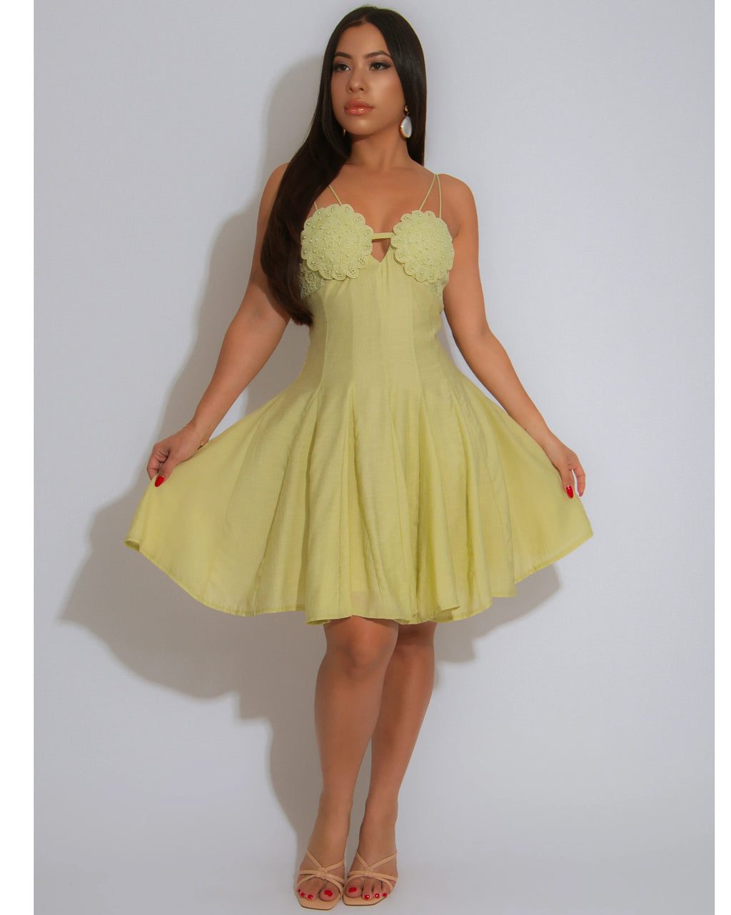 Venecian Star Lace Pearls Mini Dress Green