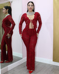 Mistic Ruffle Lace 2 Piece Pant Set Red - Elegant Sheer Lace With Stretch Comfort