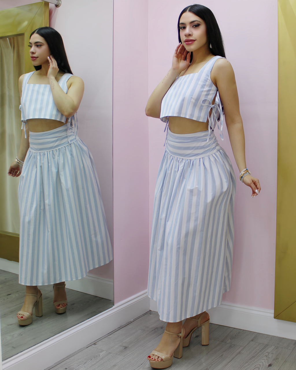 Seaside Striped Skirt Set Light Blue - 100% Poplin No Stretch Two-Piece Outfit For Everyday Wear