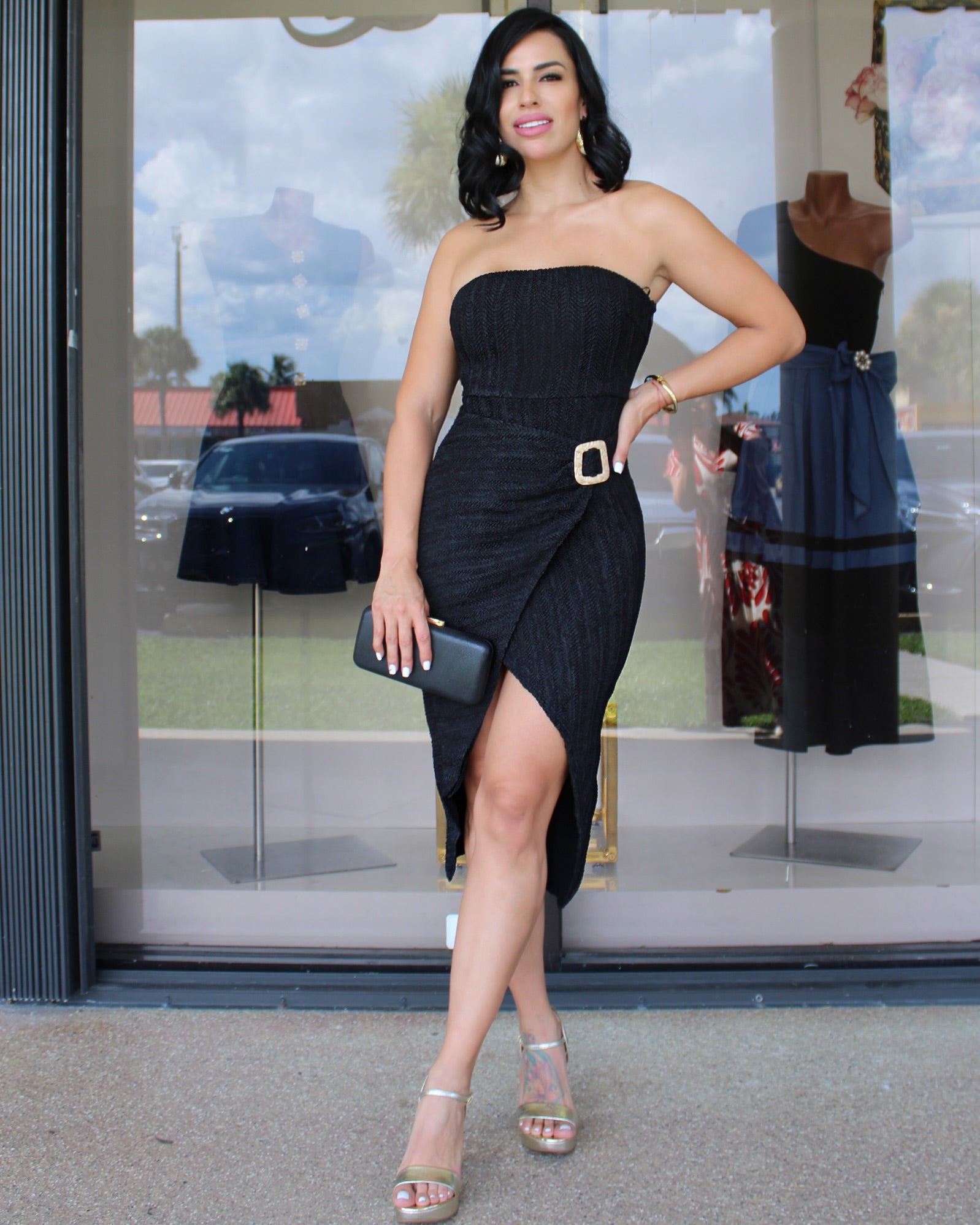 Glam Essence Belted Midi Dress Noir Featuring Stretch Comfort And Floral Brooch Included