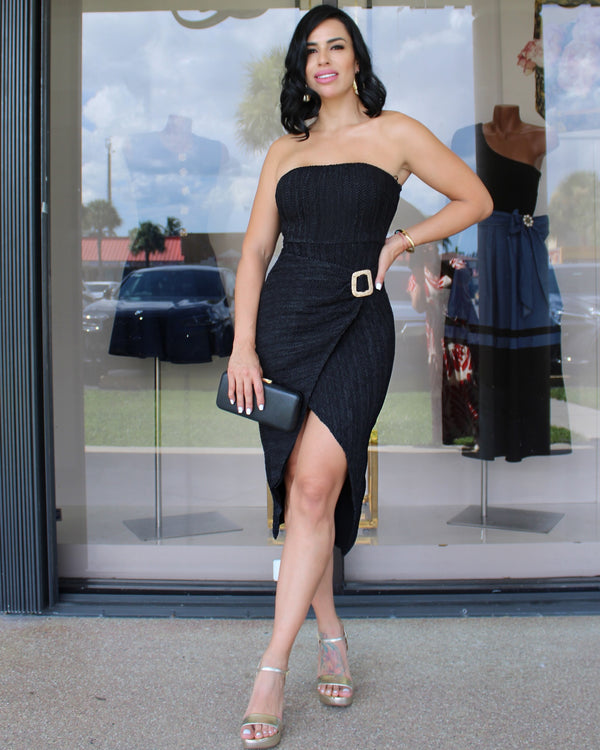 Glam Essence Belted Midi Dress Noir