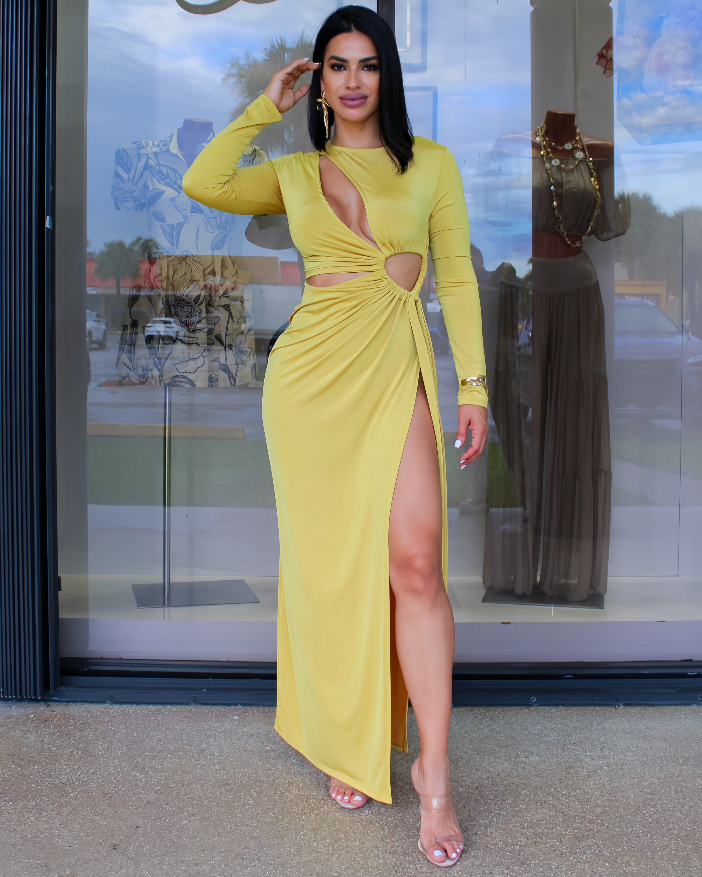Bella Cutout Side Slide Maxi Dress Mustard Double Line Polyester With Comfortable Stretch