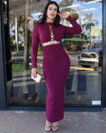 Burgundy Long Sleeve Bodycon Maxi Dress With Gold Accents And 100 Percent Crochet Detailing