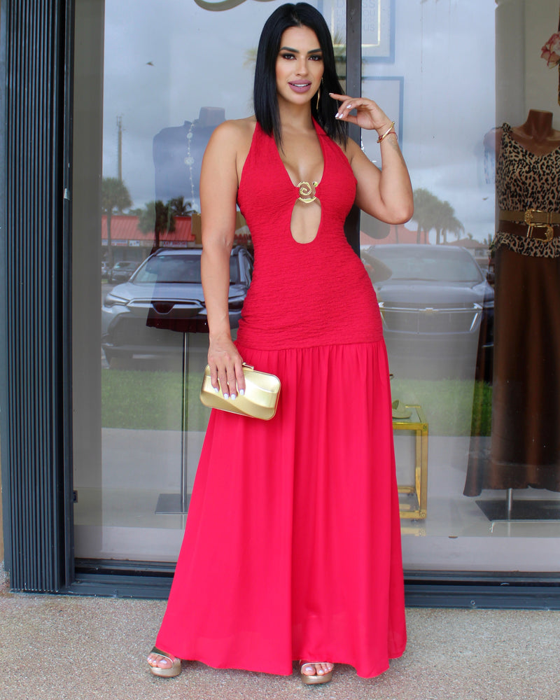 Feel Famous Chain Adorn Maxi Dress Red