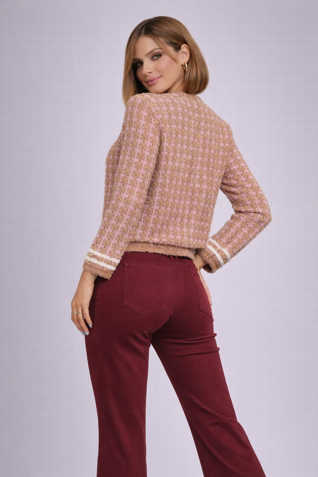Parisian Grace Tweed Sweater Jacket Blush - Stretchy Polyester-Cotton Blend For All Day Comfort