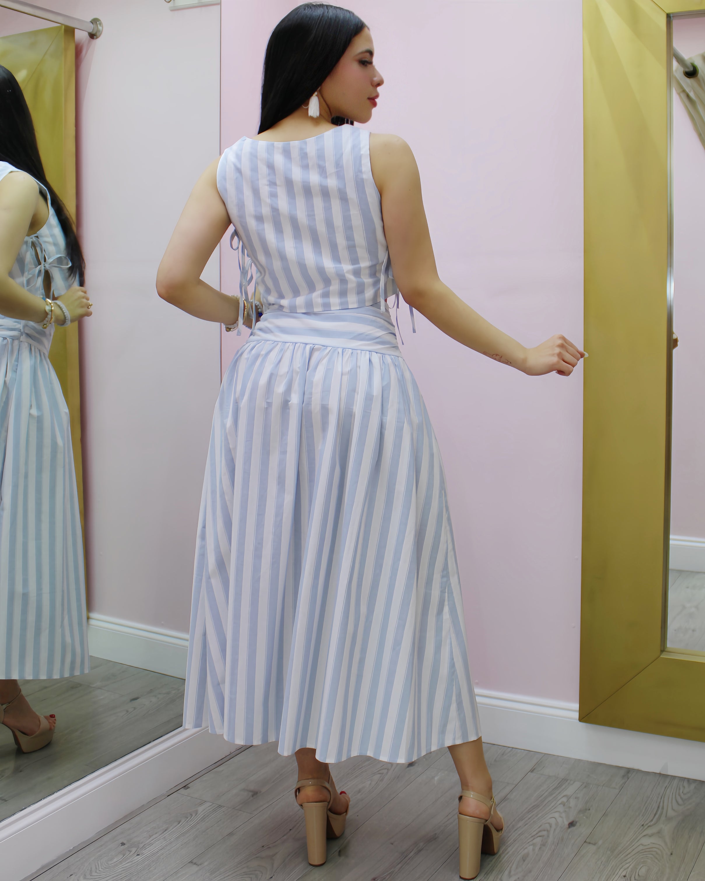 Seaside Striped Skirt Set Light Blue - 100% Poplin No Stretch Two-Piece Outfit For Everyday Wear