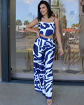 Bold Abstract Chiffon Two Piece Pant Set Navy Lightweight Flowing Silhouettes For Chic Everyday Wear