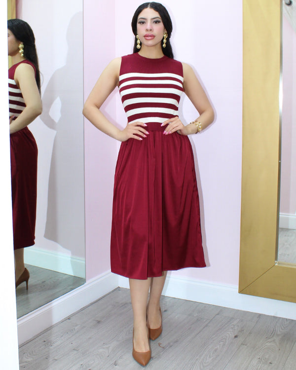 Look At Me Stripes Satin Midi Dress Wine Red