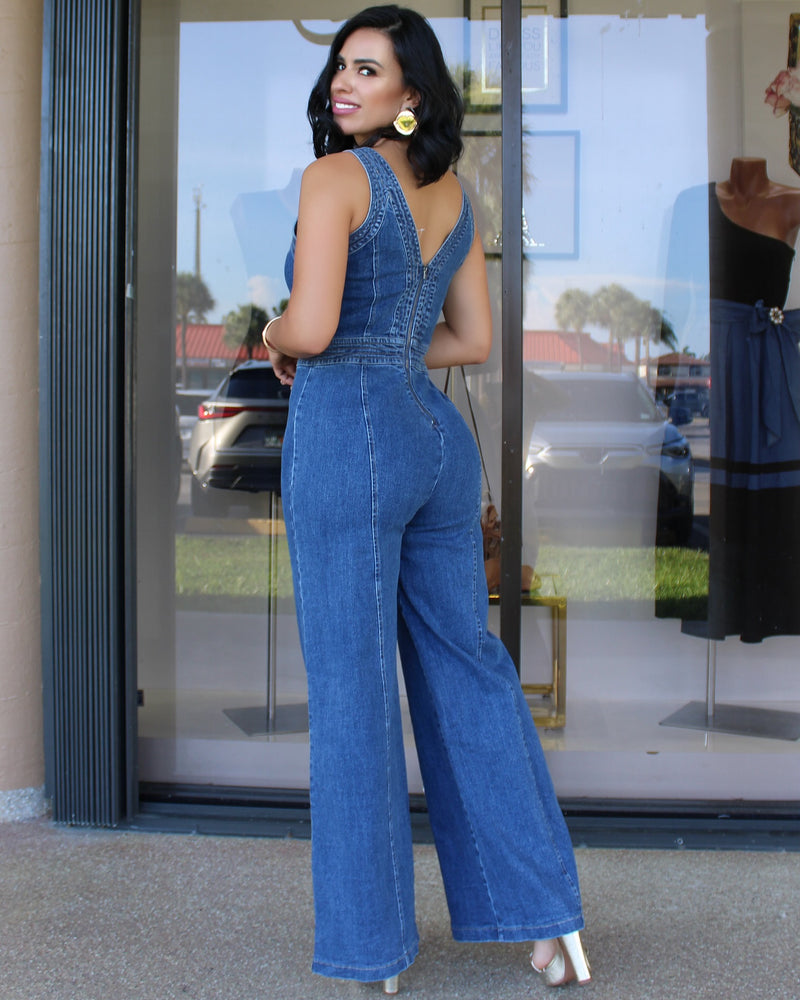 Touch Of Gold Buttons V-Neck Denim Jumpsuit