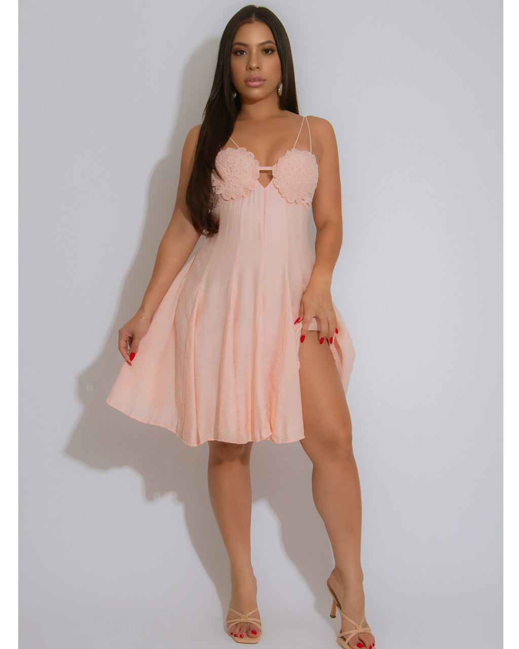 Venecian Star Lace Pearls Mini Dress Pink