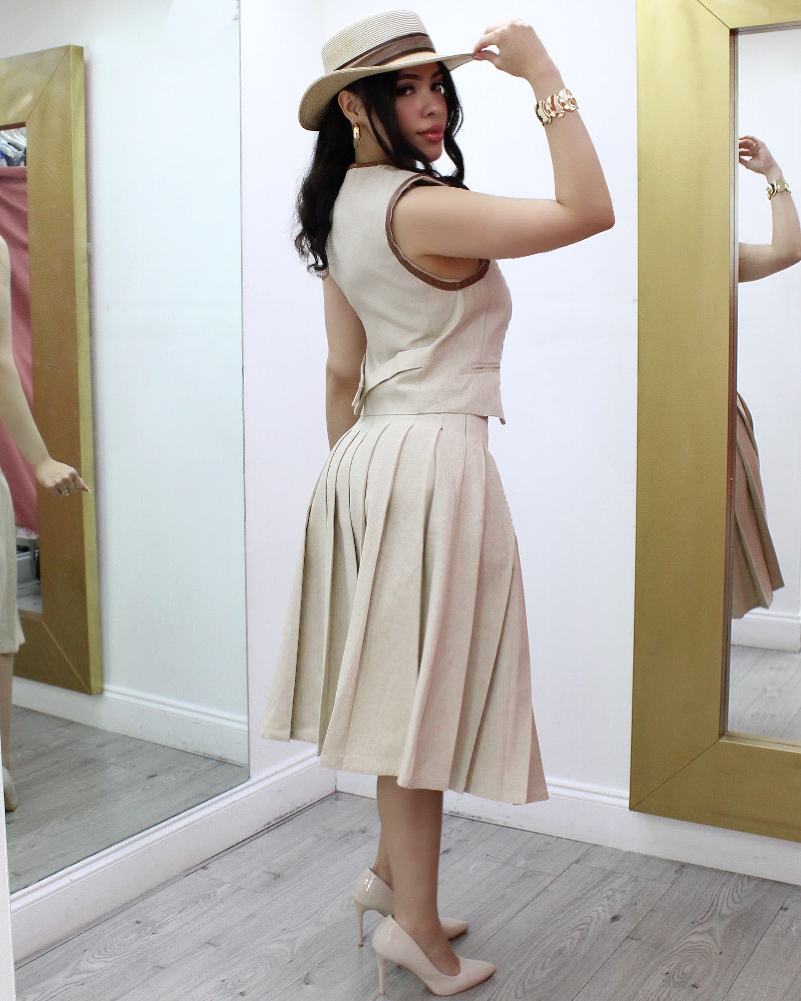 LuxeCanvas Nude Pleated Skirt Set - Two Piece Set Made From Hundred Percent Polyester No Stretch