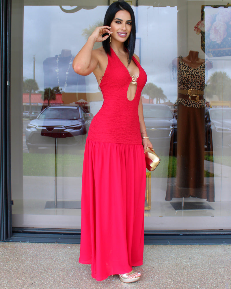 Feel Famous Chain Adorn Maxi Dress Red