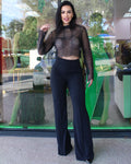 Black Pearl Mesh Two Piece Set With Embellished Sheer Top And High Waist Tailored Wide Leg Pants