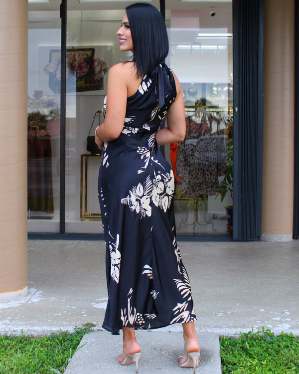 Chic Black Satin Floral Halter Gown