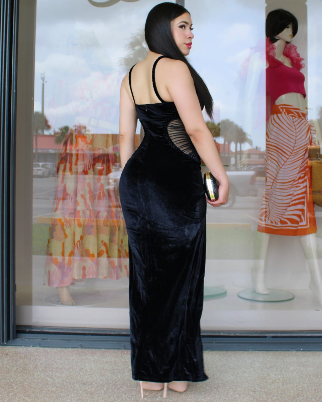 Perfect Moments Velvet Black Maxi Dress - Stretchy Comfort With Belt And Mesh Detail