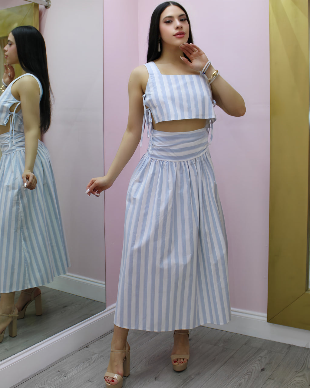 Seaside Striped Skirt Set Light Blue - 100% Poplin No Stretch Two-Piece Outfit For Everyday Wear
