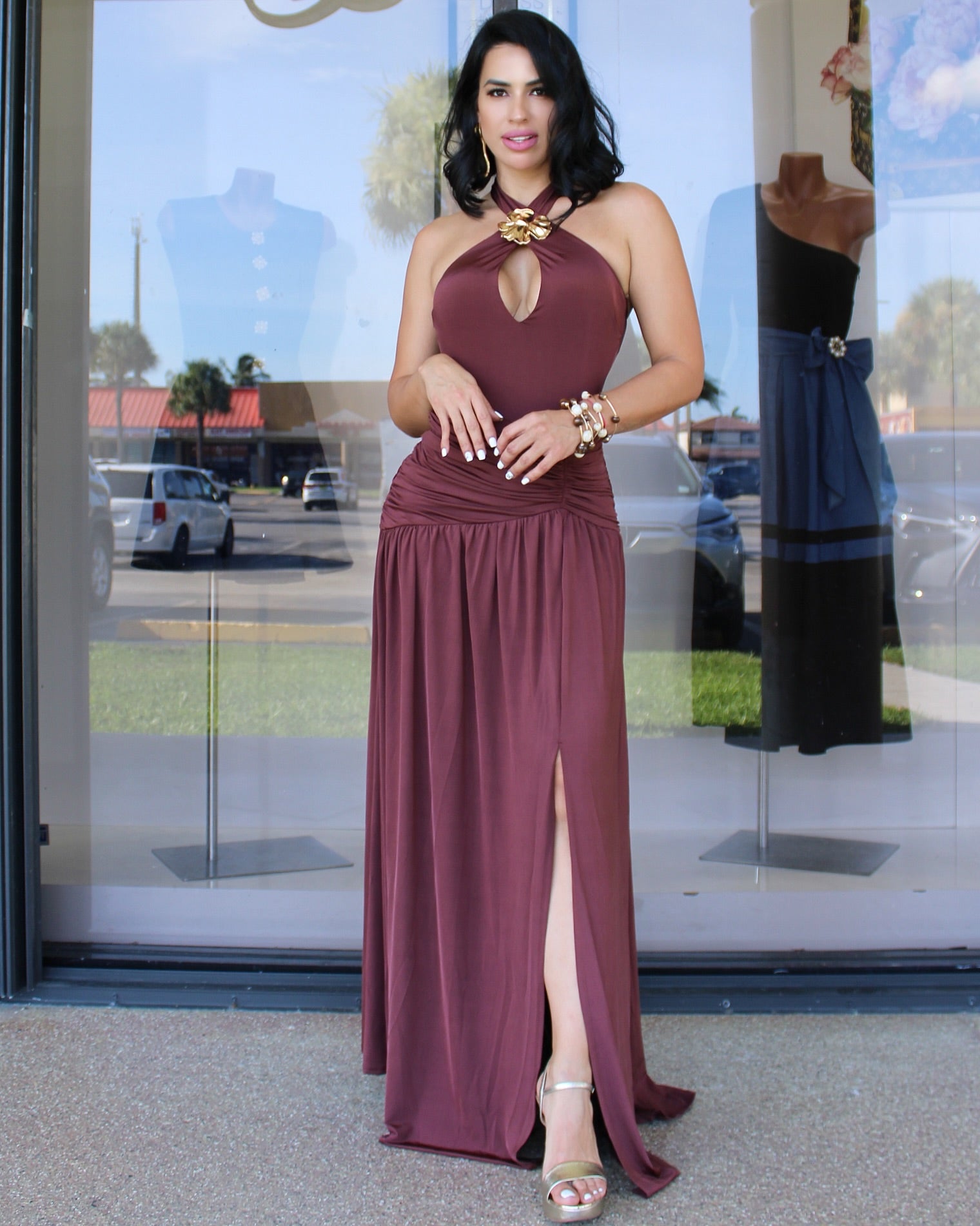 Nova Mode Elegant Burgundy Halter Maxi Dress With Gold Floral Accent - 100 Percent Cotton No Stretch