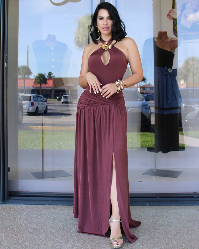 Elegant Burgundy Halter Maxi Dress with Gold Floral Accent