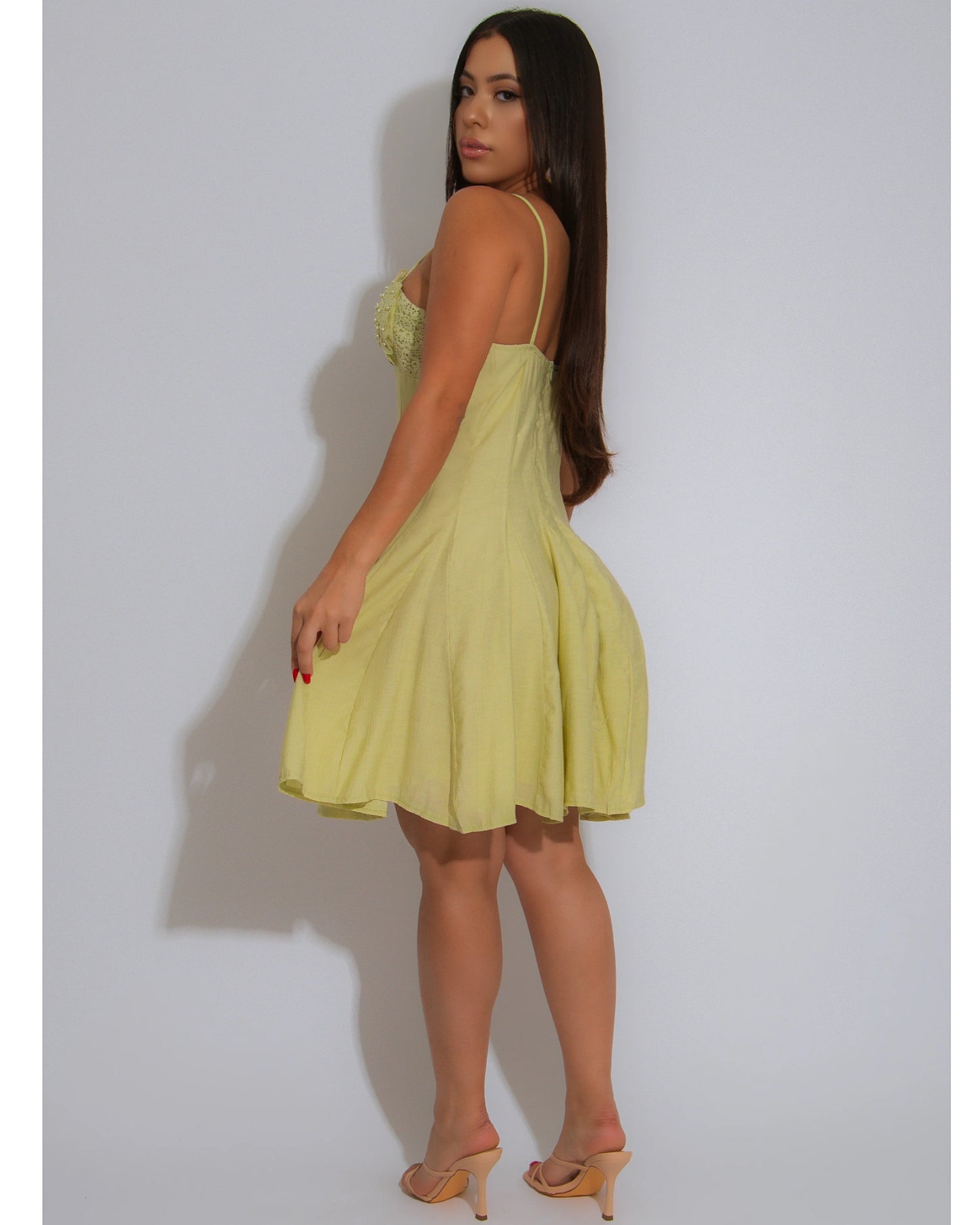 Venecian Star Lace Pearls Mini Dress Green