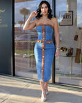 Denim Romance Two Tone Crochet Midi Dress - No Stretch For Flattering Fit At Any Event