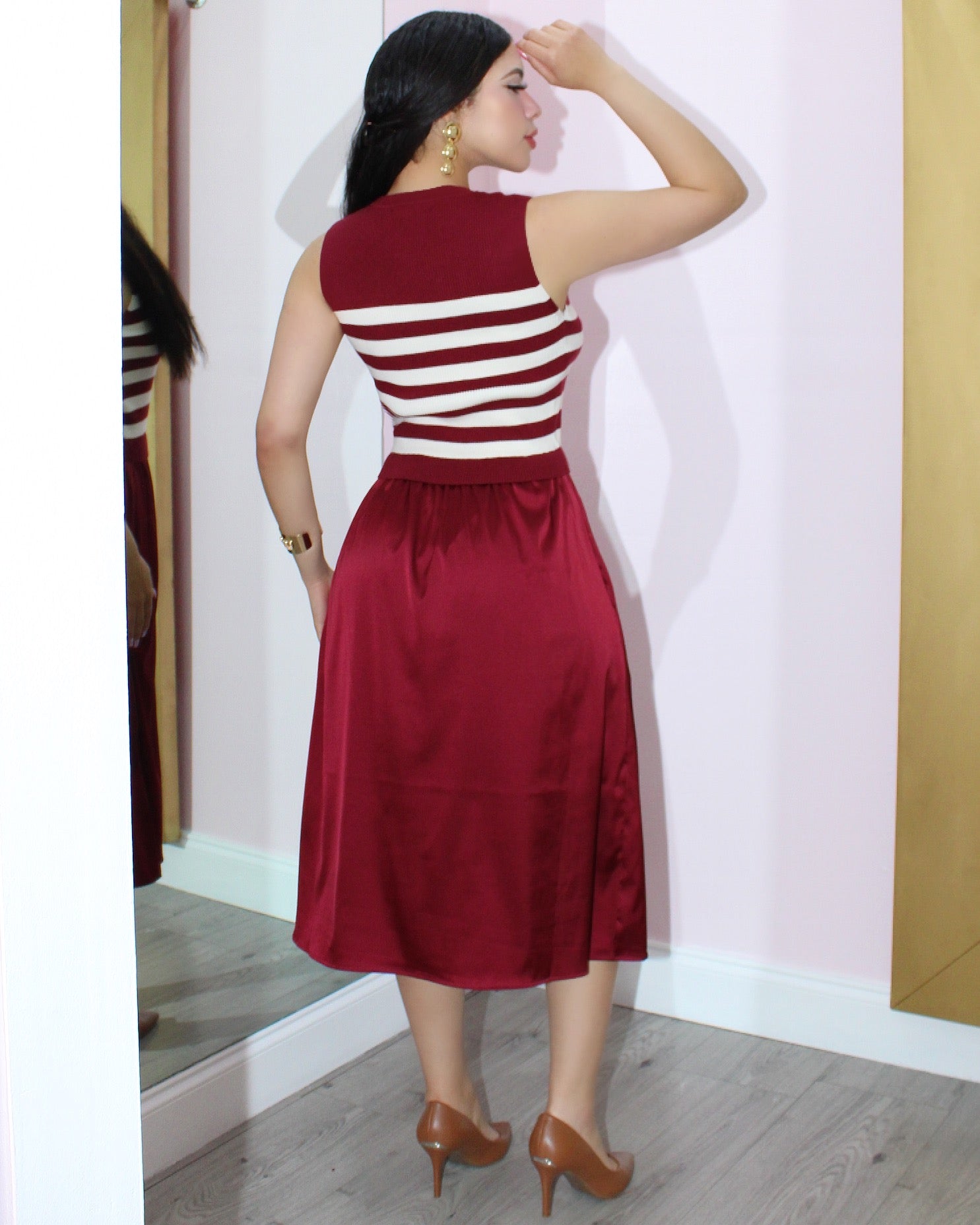 Look At Me Stripes Satin Midi Dress - Wine Red No Stretch Satin For Elegant Events