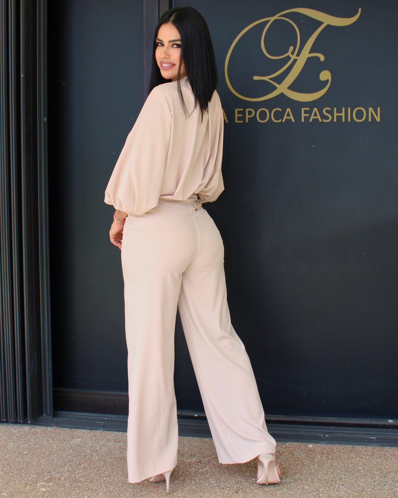 Elegant and Polished Wide-Leg 2 Piece Set Beige