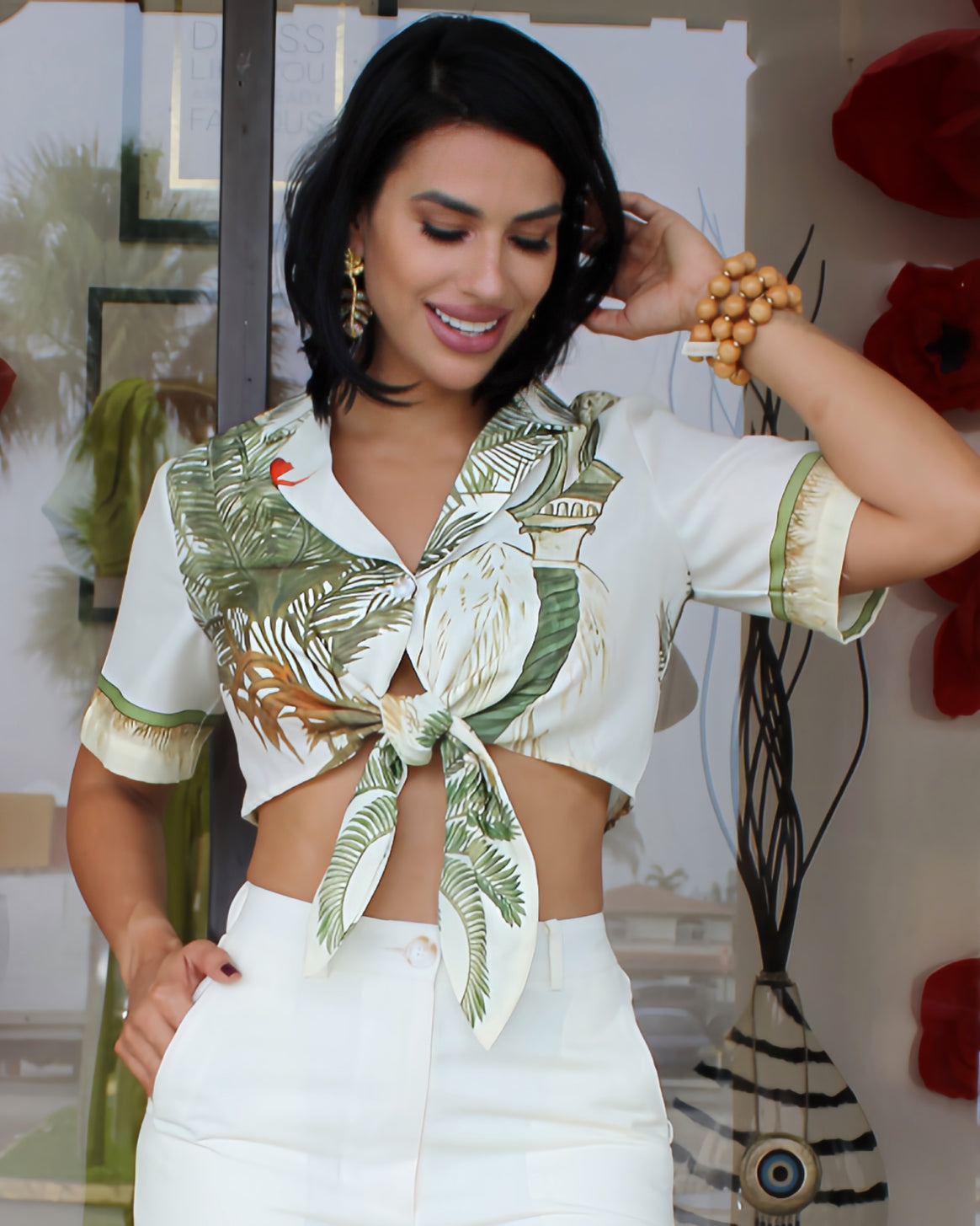 Palm Royale Crop And Palazzo Linen Set Ivory - Italian Look And All Day Comfort Fit