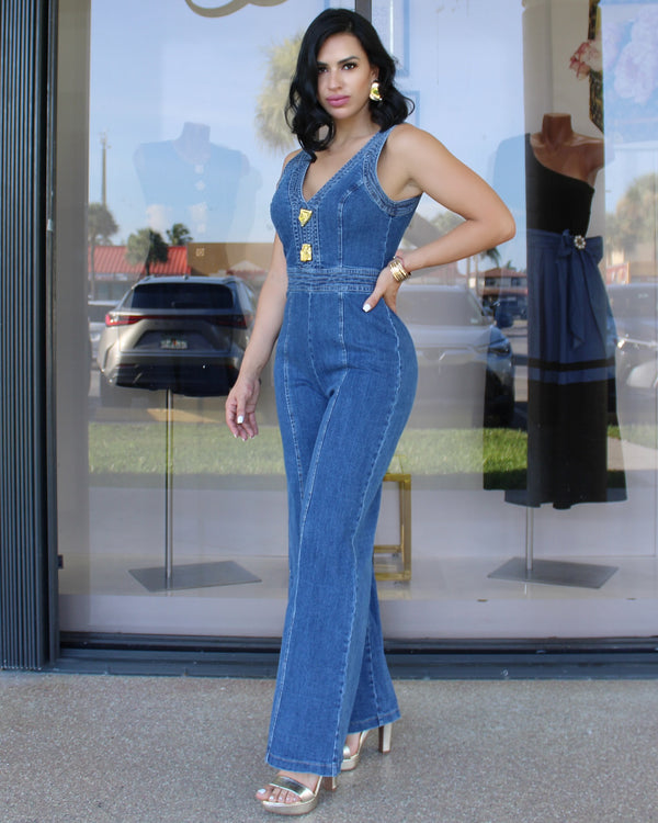 Touch Of Gold Buttons V-Neck Denim Jumpsuit