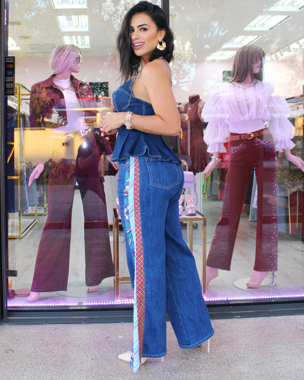 Flared Denim Jeans with Printed Side Panels