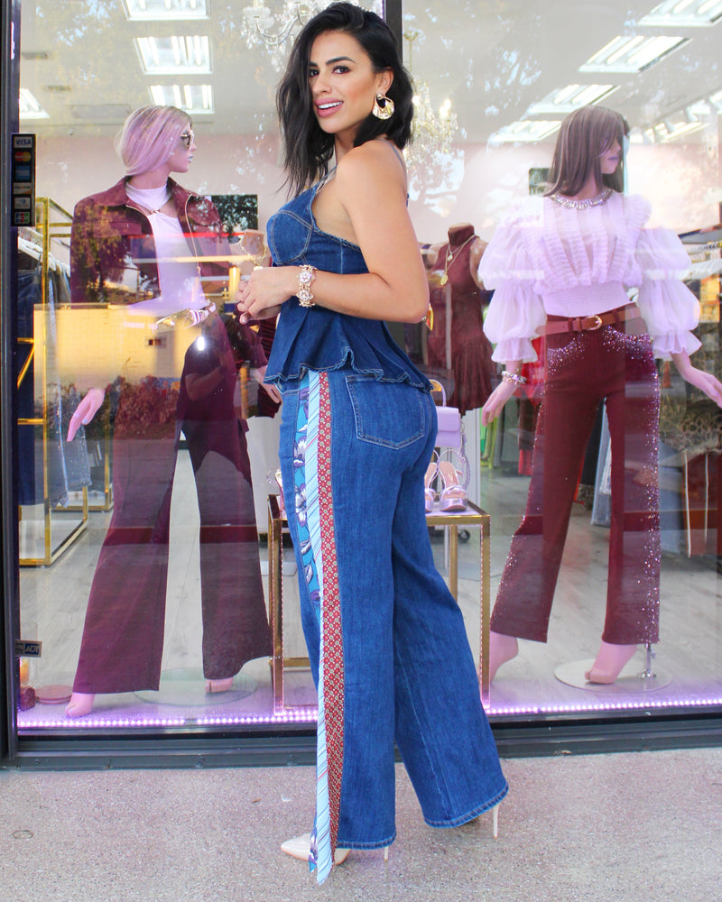 Flared Denim Jeans with Printed Side Panels