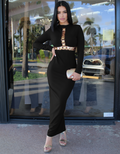 Black Crochet Maxi Dress With Gold Accents Long Sleeve Bodycon Evening Gown For Formal Events