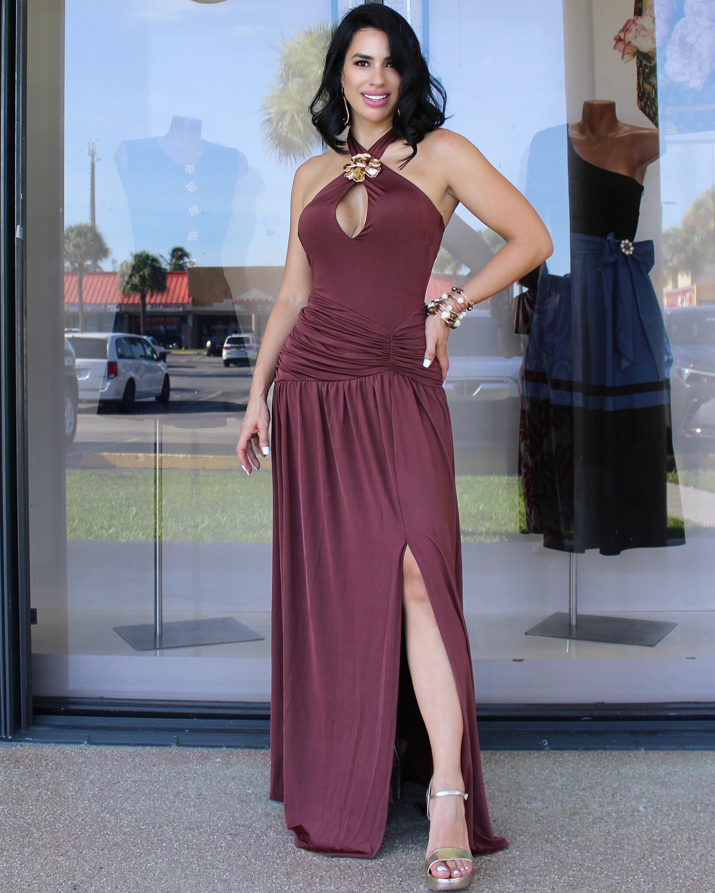 Nova Mode Elegant Burgundy Halter Maxi Dress With Gold Floral Accent - 100 Percent Cotton No Stretch