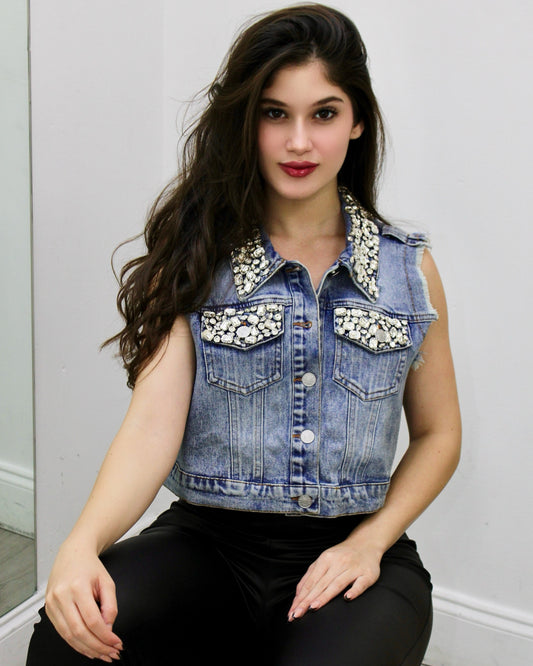 Sassy Bae Rhinestone Embellished Denim Vest