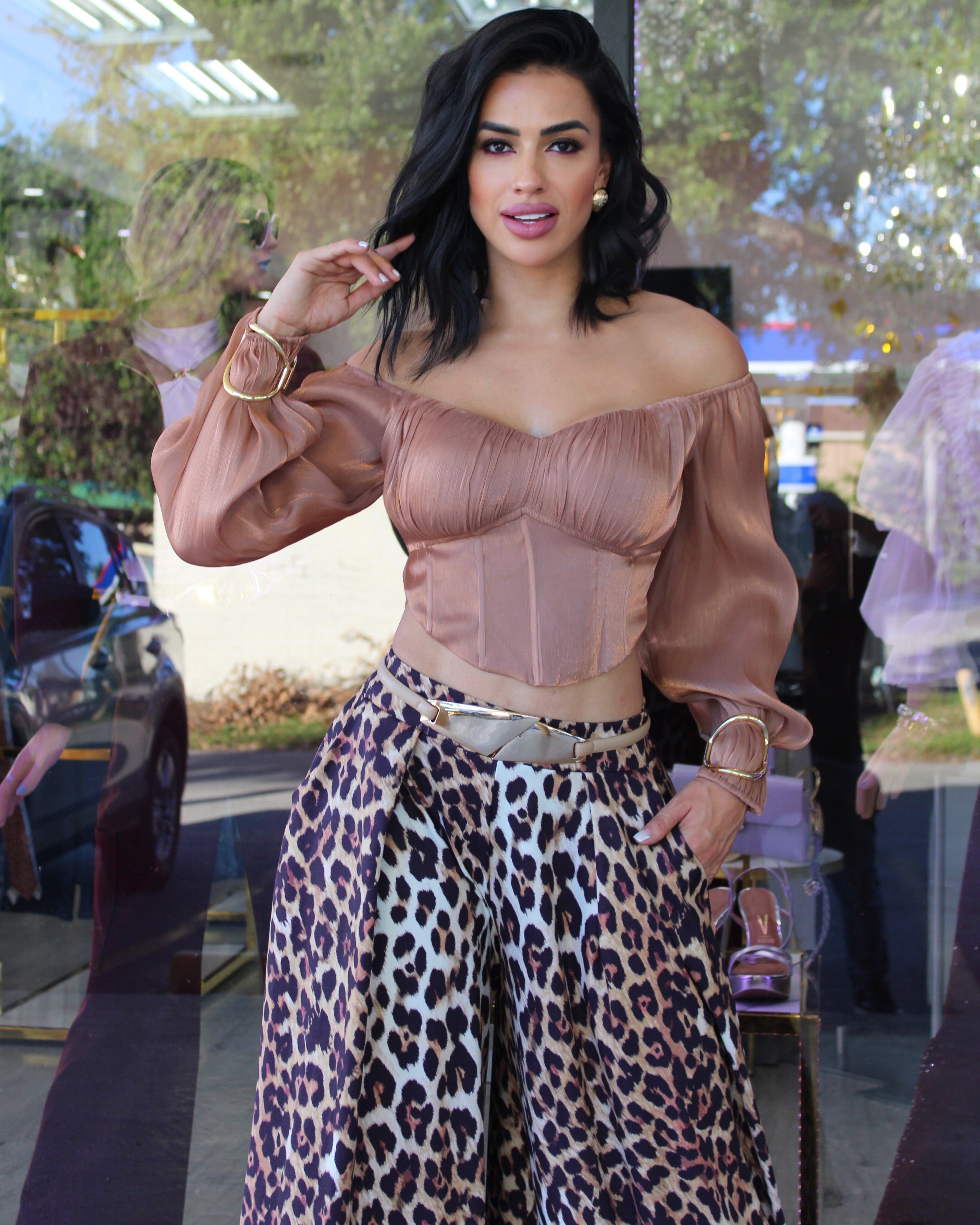Bronze Satin Off Shoulder Corset Top Sheer Organza Non Stretch Womens Blouse for Party Night Out