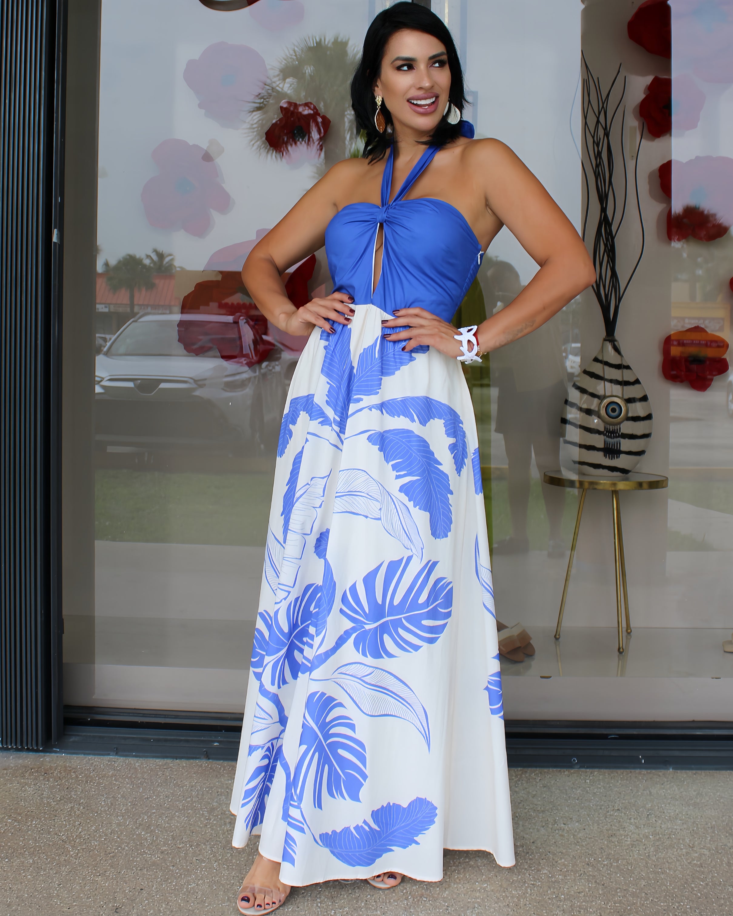 Bold Palms Blue Maxi Dress 100 Percent Cotton No Stretch Womens Maxi Dress For Casual Or Event Wear