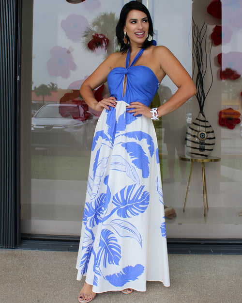 Bold Palms Blue Maxi Dress 100 Percent Cotton No Stretch Womens Maxi Dress For Casual Or Event Wear
